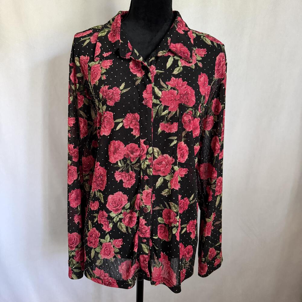 Ember Button Up Shirt Womens 3X Floral Sheer Rhinestone Long Sleeve Whimsigoth